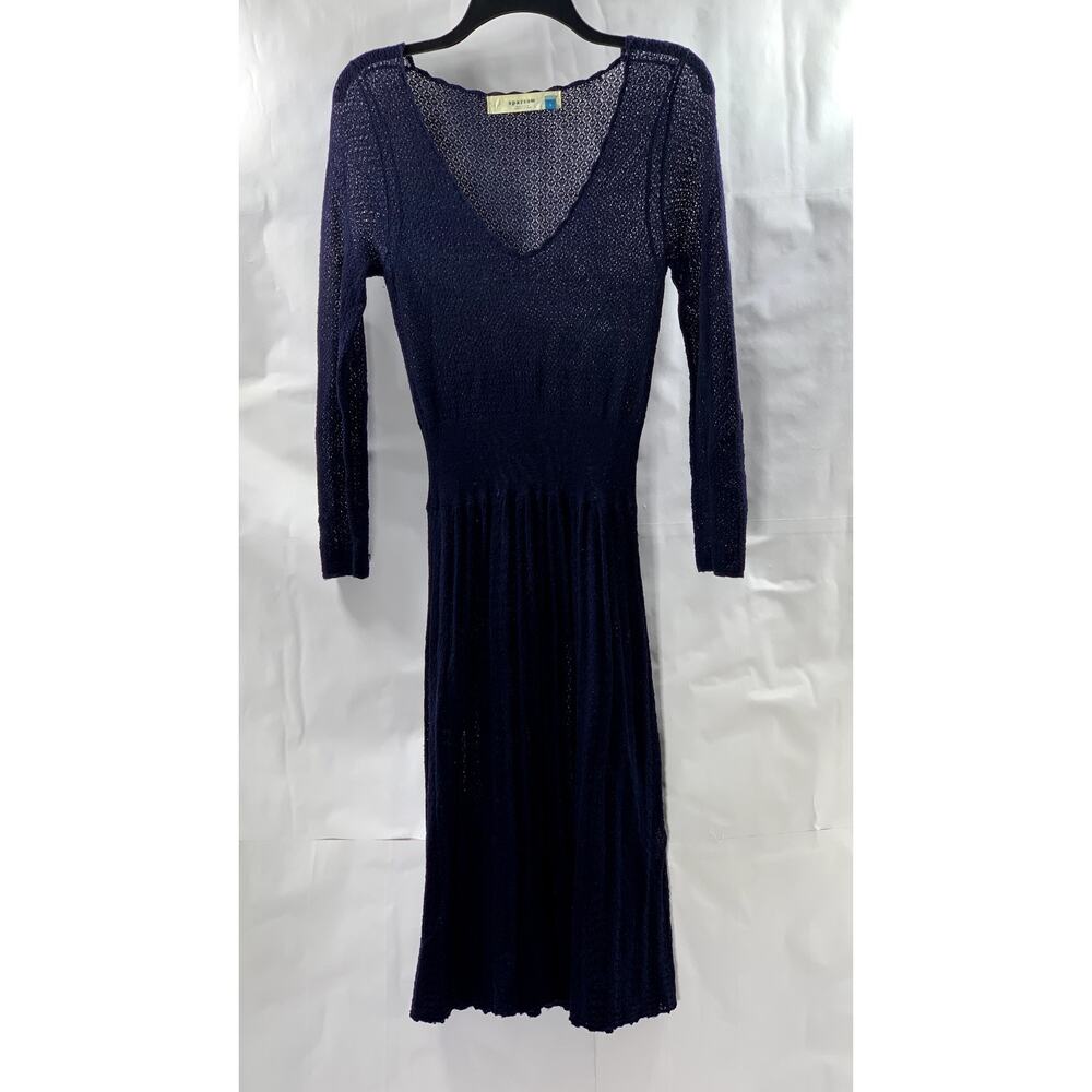 SPARROW Women's Navy Wool-Blend Crochet Knit V-Neck Long Sleeve Midi Dress SZ S
